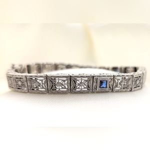 Art Deco 14K Filigree Sapphire Diamond Bracelet